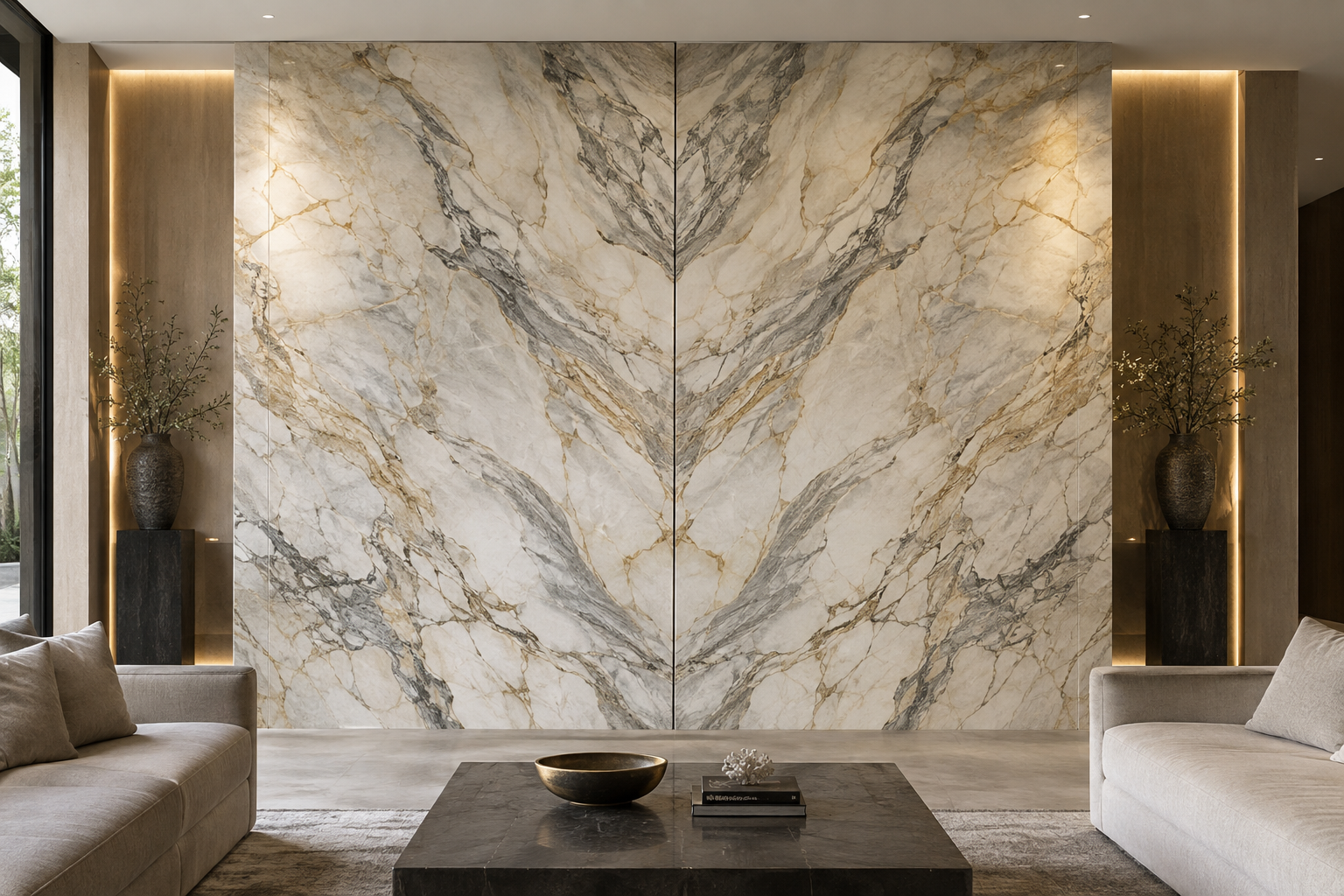 Bookmatched natural stone slabs with mirrored gray and gold veining