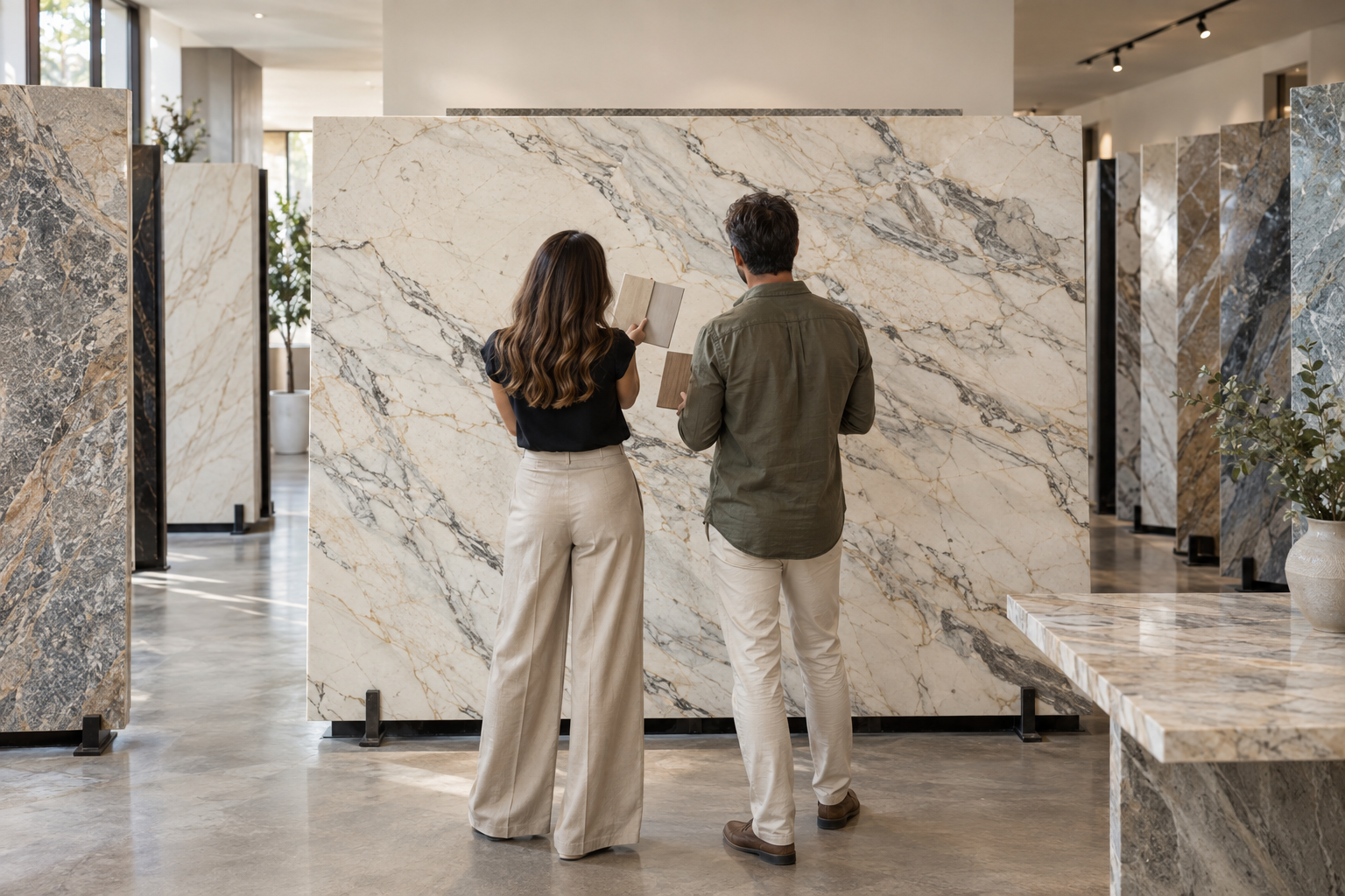 Two people comparing cabinet samples with a full natural stone slab in a showroom
