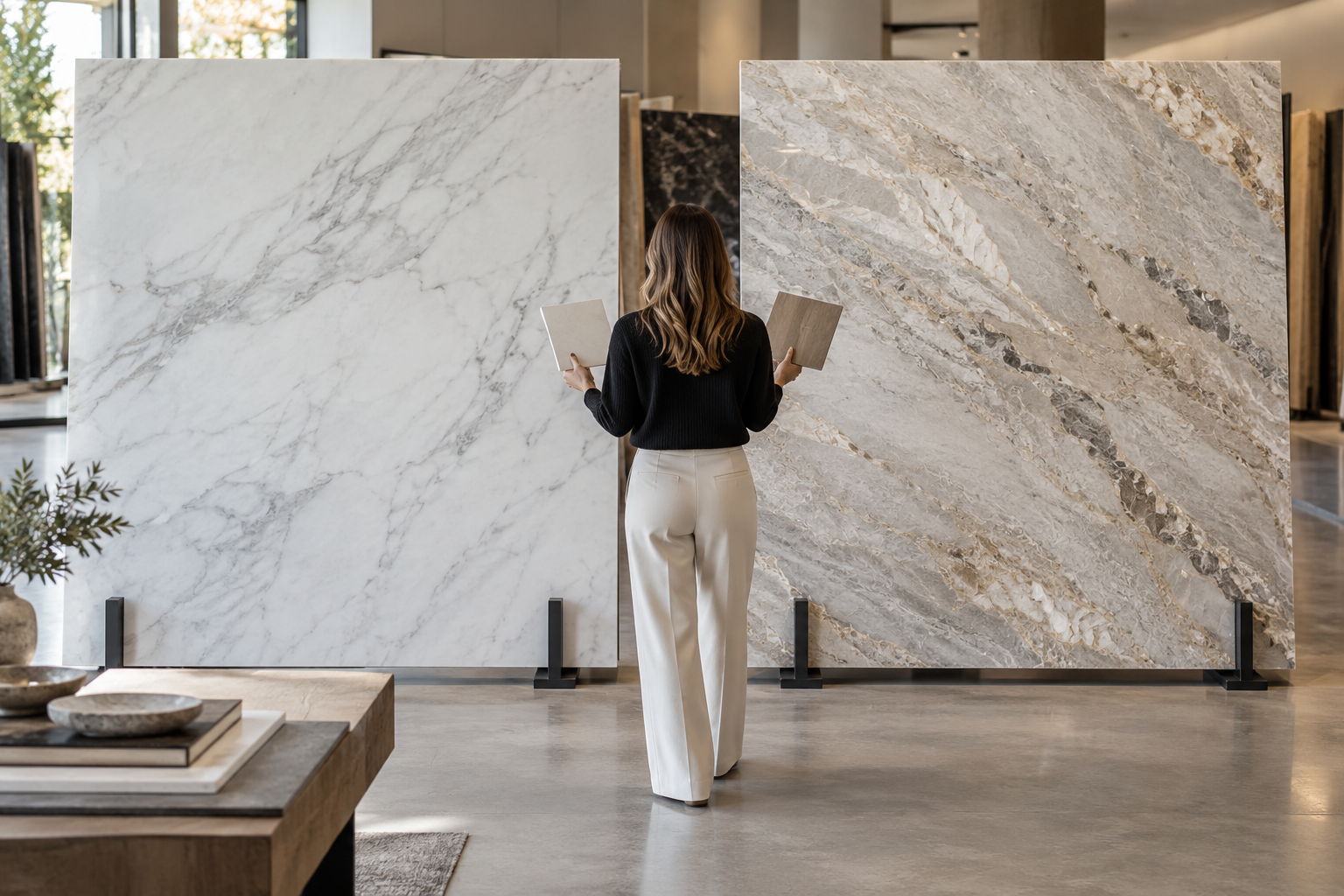 Designer comparing two pale natural stone slabs in a showroom