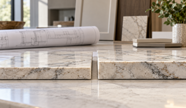 Two veined stone slab samples with different finished edge thicknesses
