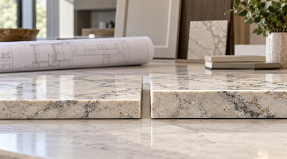 Two veined stone slab samples with different finished edge thicknesses