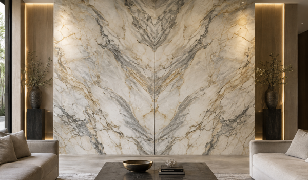 Bookmatched natural stone slabs with mirrored gray and gold veining