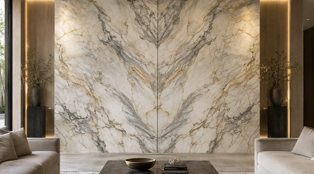 Bookmatched natural stone slabs with mirrored gray and gold veining