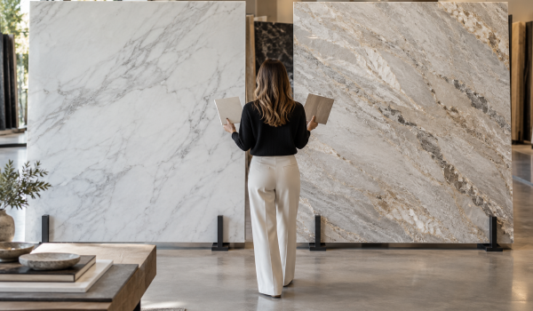 Designer comparing two pale natural stone slabs in a showroom