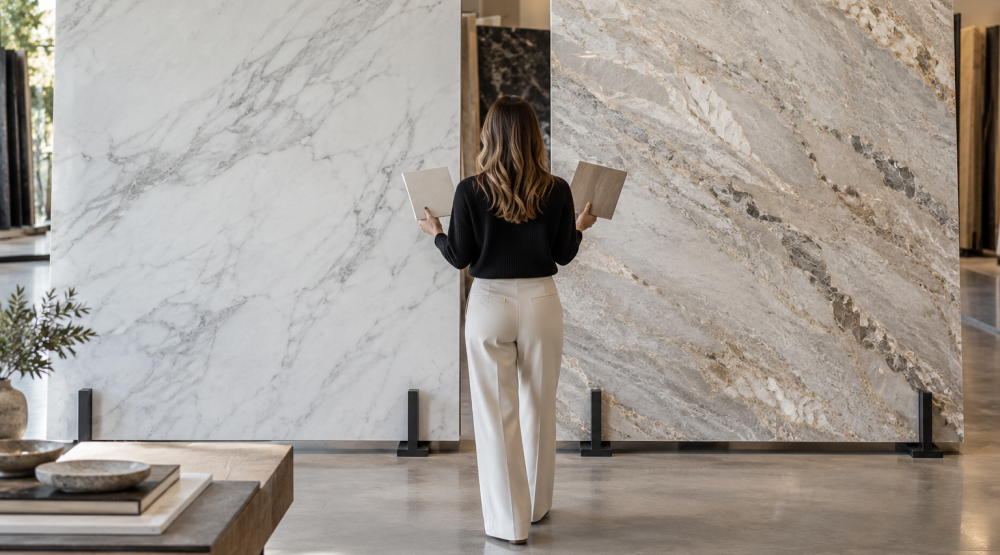 Designer comparing two pale natural stone slabs in a showroom