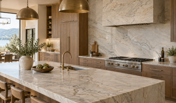 Kitchen with a full-height veined stone backsplash and matching island