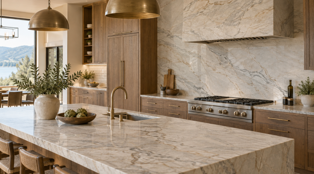 Kitchen with a full-height veined stone backsplash and matching island