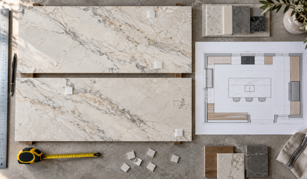 Two stone slab layouts beside a kitchen floor plan and measuring tools