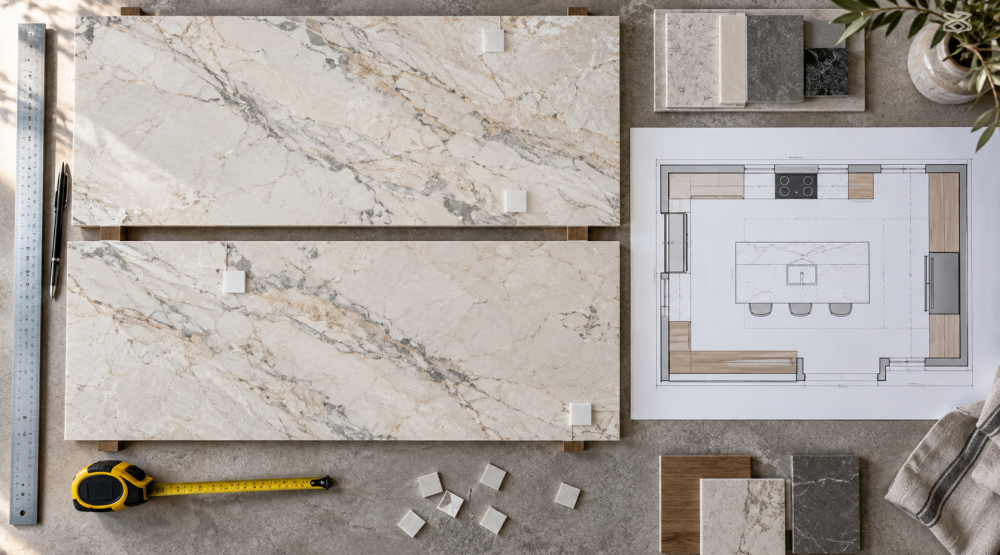 Two stone slab layouts beside a kitchen floor plan and measuring tools