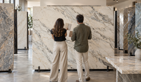 Two people comparing cabinet samples with a full natural stone slab in a showroom
