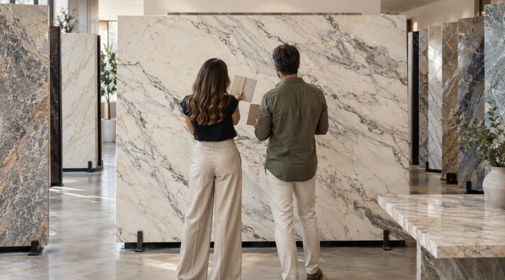 Two people comparing cabinet samples with a full natural stone slab in a showroom