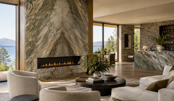 Living room with a dramatic stone fireplace wall and coordinating bar