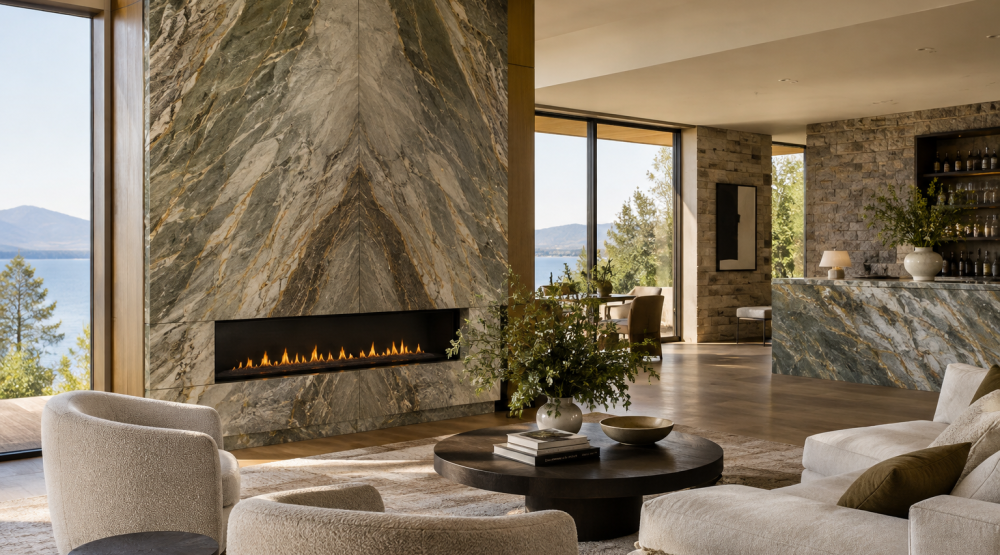 Living room with a dramatic stone fireplace wall and coordinating bar