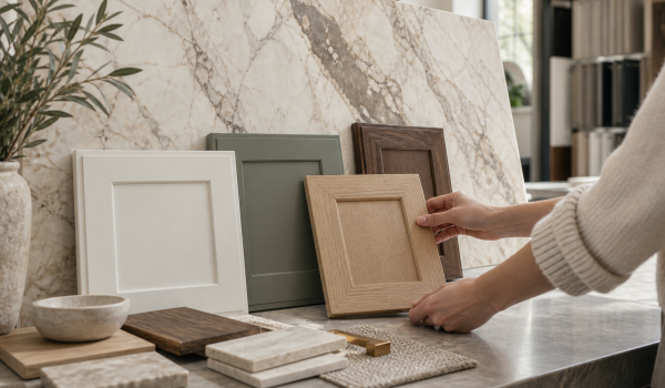 Cabinet finish samples arranged in front of a cream-veined natural stone slab