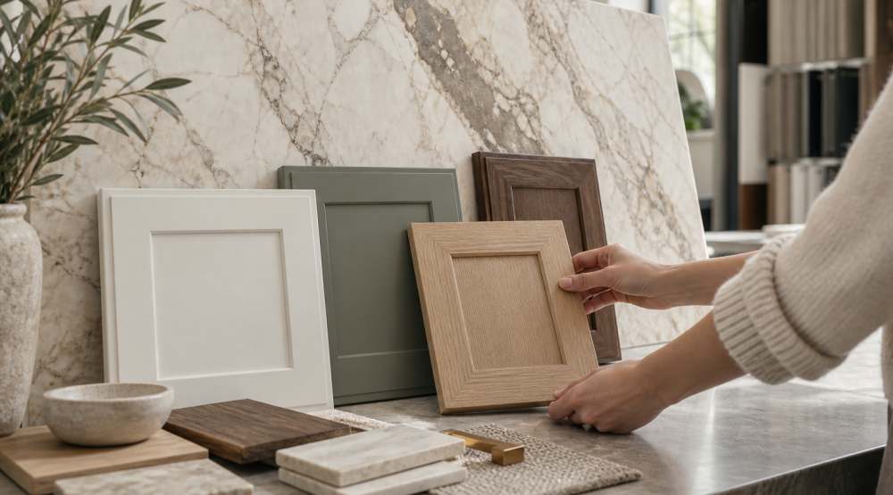 Cabinet finish samples arranged in front of a cream-veined natural stone slab